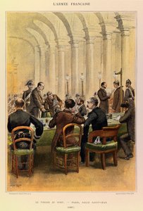 Typen en uniformen van het Franse leger van kapitein Jules Richard, geïllustreerd door Edouard Detaille (1848-1912): De loting in Parijs, Salle Saint Jean in 1887, Privécollectie door Jean Baptiste Edouard Detaille