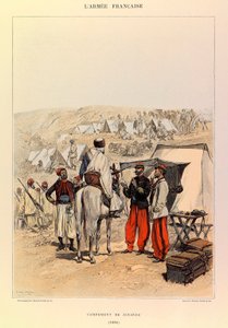 Types en uniformen van het Franse leger van kapitein Jules Richard, geïllustreerd door Edouard Detaille (1848-1912): Kamp van Zouaven in 1886, Privécollectie