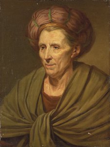 Portret van een vrouw, buste-lengte, met een bruine tulband en groene sjaal door Jean Baptiste Greuze