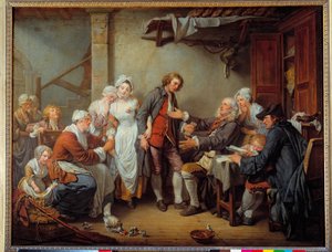 Het dorpsakkoord. De vader van de bruid geeft de bruidsschat aan zijn schoonzoon door Jean Baptiste Greuze