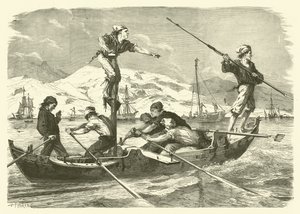 Zwaardvissen vangen voor de kust van Sicilië (gravure) door Jean Baptiste Henri Durand Brager