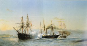 Zeeslag voor de Marokkaanse kust tussen twee Marokkaanse brikken en een Franse wiel-corvet ter gelegenheid van het bombardement van Mogador door het Franse eskader in 1844.