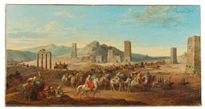 Twee caravans bij de ingang van de vallei die naar Palmyra leidt