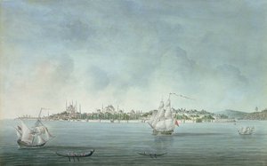 Uitzicht op Sultan Ahmet en Santa Sophia vanuit Uskudar, in Constantinopel door Jean Baptiste Hilair