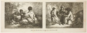 Kinderen met hond en schapen en boerenfamilie bij het vuur door Jean Baptiste Huet