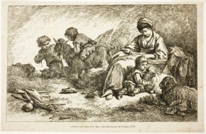 Moeder en kinderen met schapen