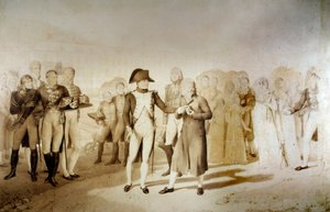 Keizer Napoleon I en keizerin Josephine de Beauharnais bezoeken de textielfabriek van Monsieur Oberkampf in Jouy op 20/06/1806 (detail)