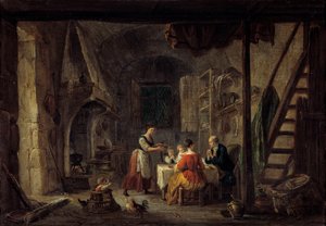 De Benedicite Scène van maaltijd in een boerenfamilie, het gebed