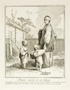 Getrouwde vrouw en haar kinderen, plaat vijf uit Divers Habillements des Peuples du Nord door Jean Baptiste Le Prince