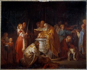 Russische doop Een orthodoxe priester doopt een kind in aanwezigheid van zijn ouders. Schilderij door Jean Baptiste Leprince (1733-1781) 1765 door Jean Baptiste Leprince