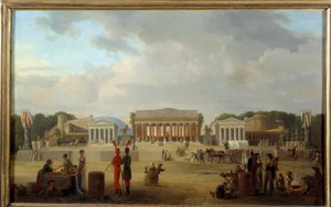 Uitzicht op het grote theater op de Place de la Concorde in Parijs voor het feest van de Vrede op 18 Brumaire jaar X (9/11/1801) door Jean Baptiste Louis Cazin