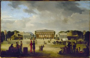 Vue du grand théâtre élevé sur la place de la Concorde pour la fête de la Paix, le 18 brumaire, an X (9 november 1801), in 1801 door Jean Baptiste Louis Cazin