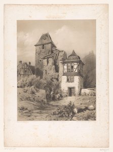 Bergdorp met groep figuren door Jean Baptiste Louis Hubert