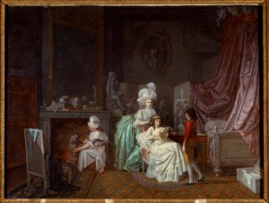 Familiekapsel in de intimiteit van een slaapkamer, de moeder verwarmt haar dochter die leest. Een ander speelt met de hond door Jean Baptiste Mallet