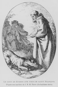 De Wolf van Gubbio aan de voeten van St. Franciscus van Assisi (litho)