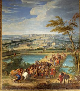 Uitzicht op de stad en het kasteel van Versailles vanaf de heuvel van Montbauron, Lodewijk XIV en François Michel le Tellier, markies de Louvois bezoeken de nieuwe reservoirs door Jean Baptiste Martin