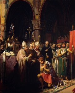 Koning Lodewijk VII neemt de oriflamme in de Basiliek van Saint Denis in aanwezigheid van koningin Alienor van Aquitanië door Jean Baptiste Mauzaisse