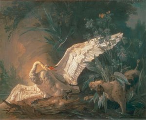 Barbet hond die een zwaan in zijn nest aanvalt door Jean Baptiste Oudry