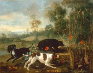Gredinet, klein meisje en Charlotte, drie spaniëls van Lou door Jean Baptiste Oudry