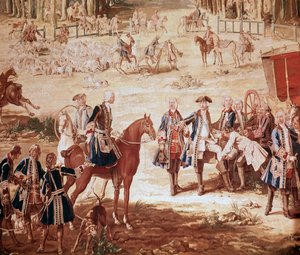 Jacht van Lodewijk XV Koning Lodewijk XV op jacht in het bos van Compiegne (De Jacht van Lodewijk XV - Wandtapijt) het vertrek van de roedel (detail) door Jean Baptiste Oudry