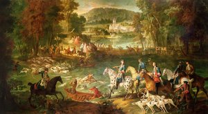 Jacht bij de Saint-Jean vijver in het bos van Compiegne, voor 1734