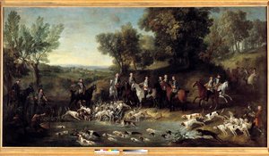 Koning Lodewijk XV op hertenjacht in het bos van Saint Germain in 1730 door Jean Baptiste Oudry