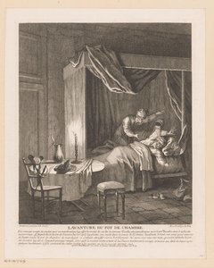 Man schrikt wakker door kamerpot die over hem geleegd wordt (Scènes uit de Roman Comique van Scarron) door Jean Baptiste Oudry