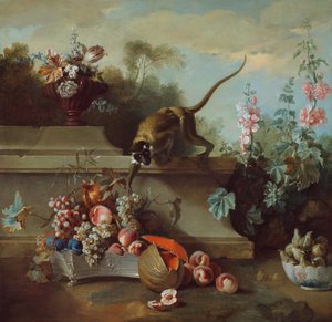 Stilleven met Aap, Vruchten en Bloemen, 1724