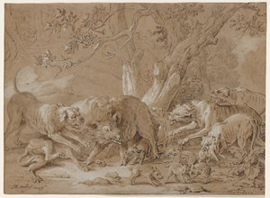 Wilde zeug en haar jongen aangevallen door honden, 1748