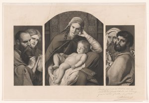 Drieluik: Maria met Christus op schoot, en twee groepen van twee apostelen door Jean Baptiste Pierre Michiels (signed by artist)