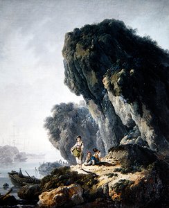 Een kustlandschap met figuren op een rots door Jean Baptiste Pillement