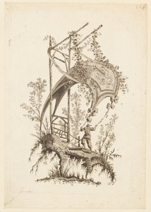Figuur die Twee Hoeken van Tent Vasthoudt, uit "Recueil des Tentes Chinoises" door Jean Baptiste Pillement