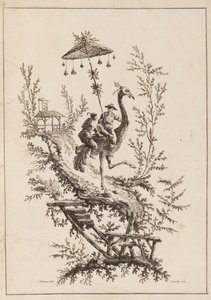 Struisvogelrijders, plaat uit een set van chinoiserie voorstellingen door Jean Baptiste Pillement