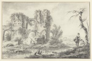 Ruïne aan een rivier met rechts een jongen en een meisje door Jean Baptiste Pillement