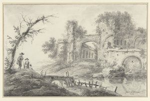 Ruïne aan een rivier met twee landlieden door Jean Baptiste Pillement