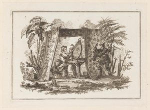 Vrouwen die in spiegel kijken, uit "Nouveau Cahier de Six Feuilles De Différents Sujets Chinois Historiés" door Jean Baptiste Pillement
