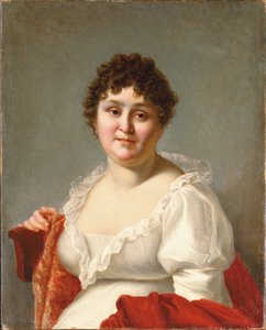 Portret van Madame Regnault, buste-lengte, in een witte jurk en persimmon sjaal door Jean Baptiste Regnault