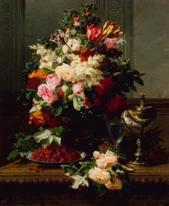Een Stilleven van Rozen, Tulpen en andere Bloemen op een Duitse Compote