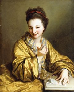 Een Jonge Dame, Gekleed in een Gele Gewaad, Zittend aan een Tafel, Wenkt door Jean Baptiste Santerre