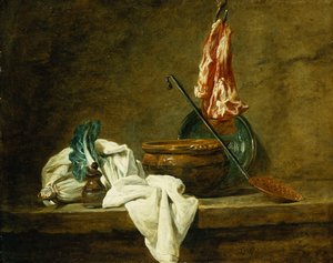 Bieten, een Specerijendoos, een Vaatdoek, een Pot, een Geglazuurd Aardewerken Bord, een Schuimspaan, met Vlees aan een Haak, op een Richel, 1734 door Jean Baptiste Simeon Chardin