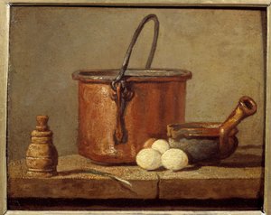 Keukengerei, ketel, poelon en eieren door Jean Baptiste Simeon Chardin