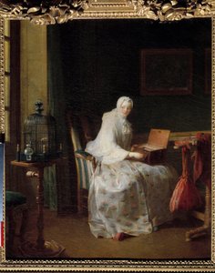 La serinette ou dame variant ses amusements Schilderij door Jean Baptiste Simeon Chardin (1699-1779) 18e eeuw door Jean Baptiste Simeon Chardin