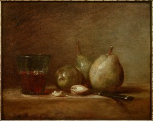 Peren, noten en glas wijn. Stilleven