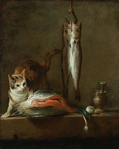 Stilleven met kat en vis door Jean Baptiste Simeon Chardin