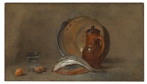 Stilleven met vis en een koperen pot