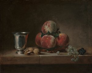 Stilleven met Perziken, een Zilveren Beker, Druiven en Walnoten
