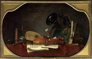 De attributen van muziek Stilleven met partituur, viool, mandore, hof musette, traversiere fluit, hoorn en trompet door Jean Baptiste Simeon Chardin
