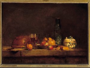 De pot met olijven. Schilderij door Jean Simeon Chardin (1699-1779)
