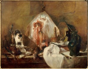 Stilleven met rog, vis, oesters en kruik door Jean Baptiste Simeon Chardin