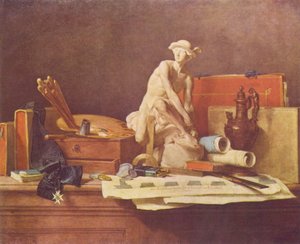 Frans:  Nature morte avec des attributs des Arts Stilleven met attributen van de kunsten